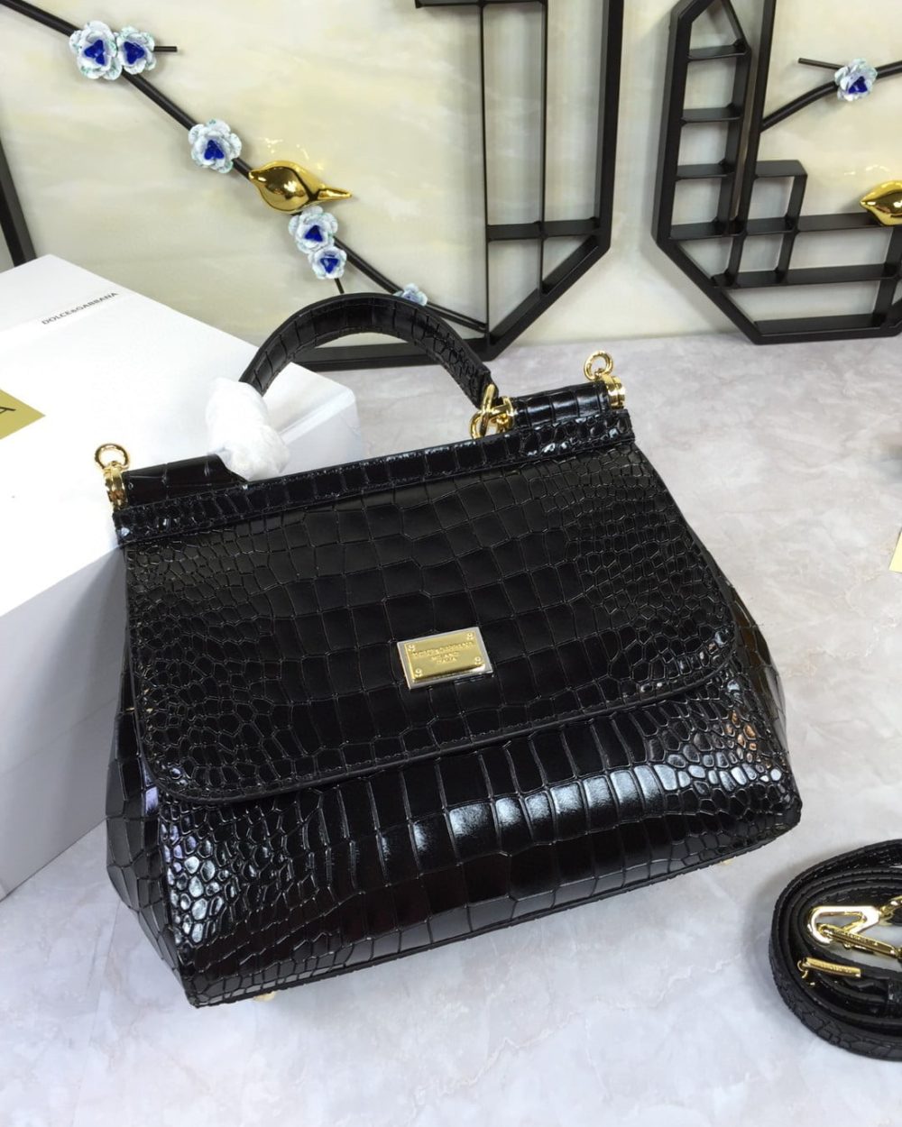 Dolce & Gabbana Medium Sicily Bag In Foiled Crocodile-Print Black For Women 10.2in/26cm DG