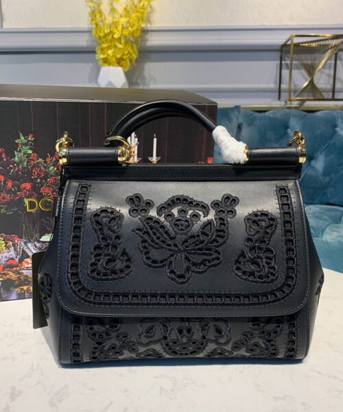 Dolce & Gabbana Medium Sicily Soft Bag In Embroidered Black For Women 10.2in/26cm DG