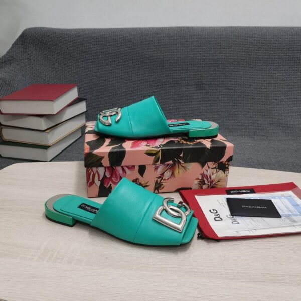 Dolce & Gabbana Nappa Slides With DG Logo Jade Green For Women DG Shoes