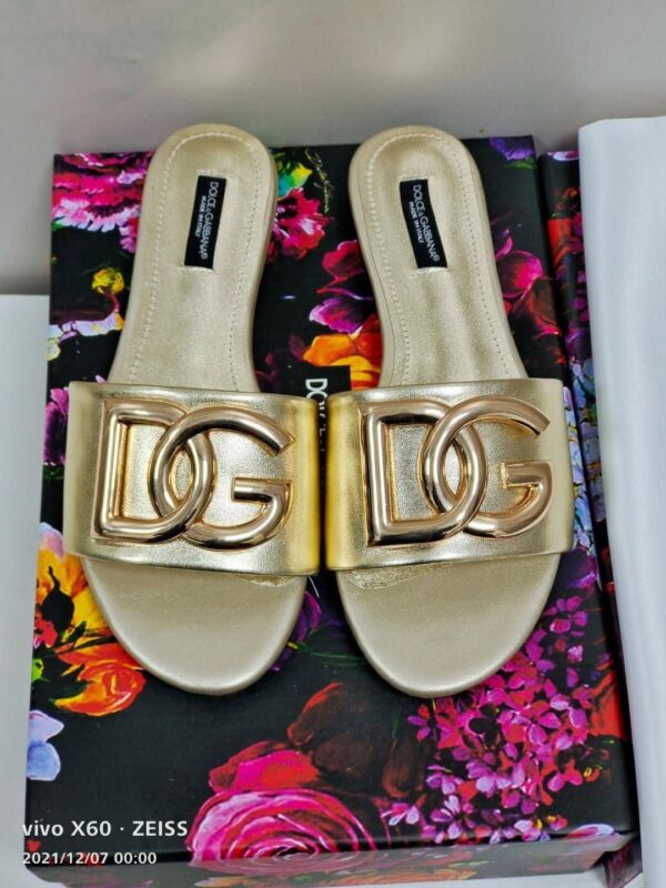 Dolce & Gabbana Polished Sliders With DG Logo Gold For Women DG Shoes