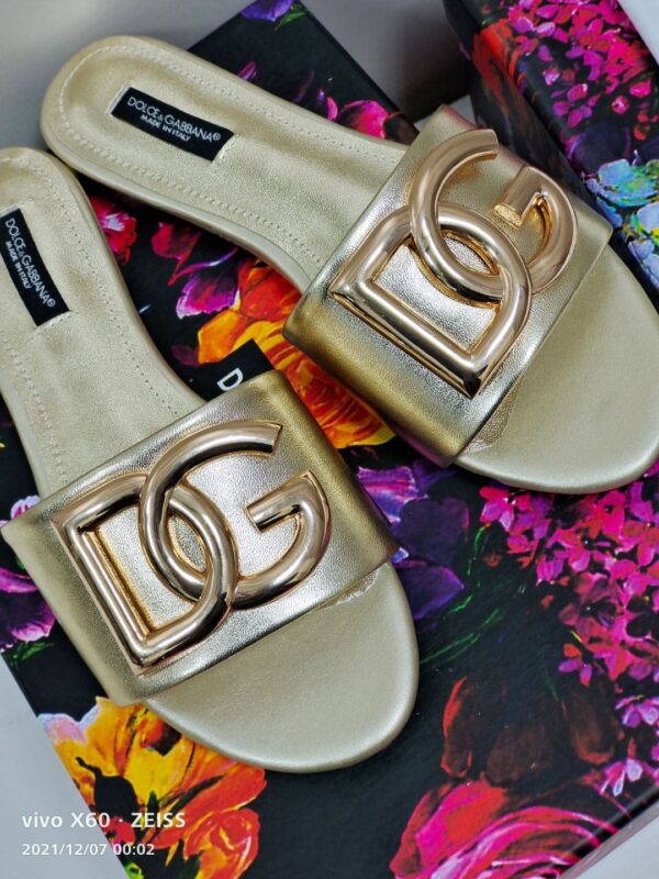 Dolce & Gabbana Polished Sliders With DG Logo Gold For Women DG Shoes