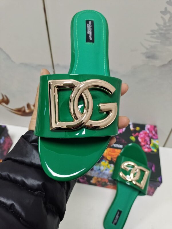 Dolce & Gabbana Polished Sliders With DG Logo Green For Women DG Shoes
