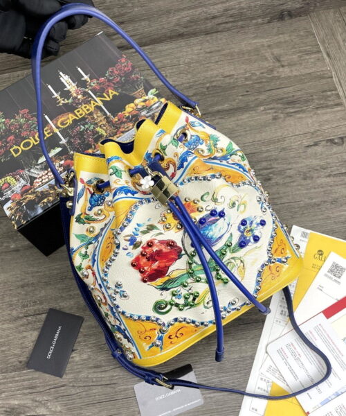 Dolce & Gabbana Print Crespo Bucket Bag Multicolor With Branded Plate For Women DG Bag