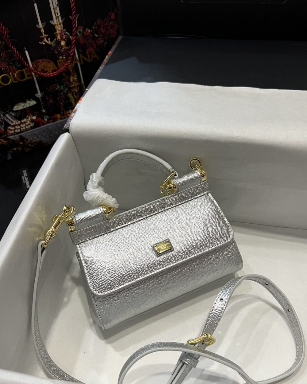 Dolce & Gabbana Small Sicily Bag In Dauphine Silver For Women 7.5in/19cm DG