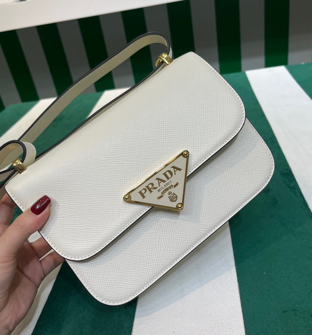 Emblème Saffiano Shoulder Bag In Beige/ White For Women 8.6 in/22cm 1BD320_2A4A_F0036_V_UTO