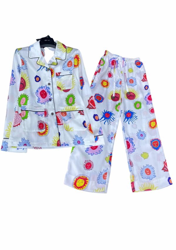Faces Printed Pants And Shirt Pyjama White For Women