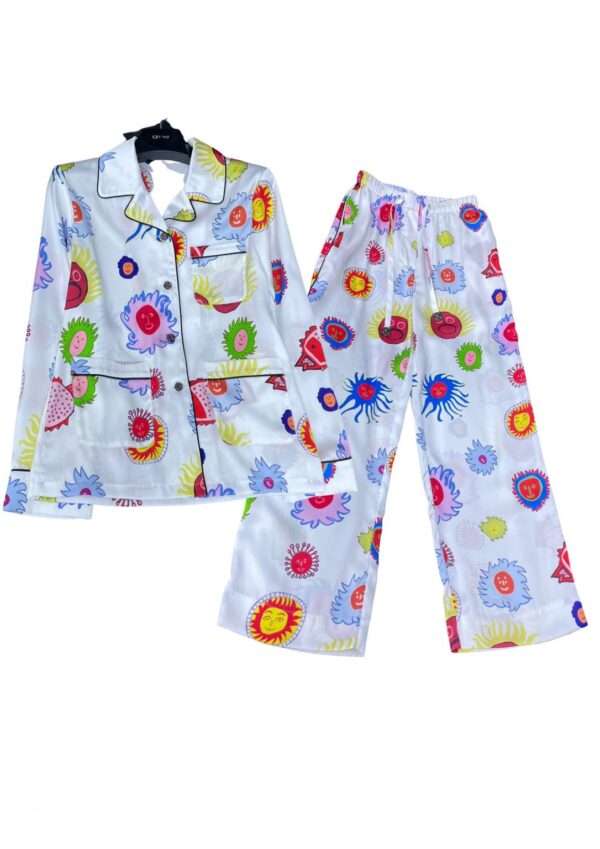 Faces Printed Pants And Shirt Pyjama White For Women
