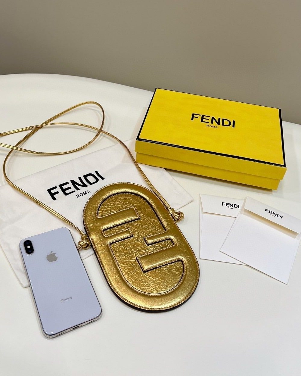 1:1 Replica Fendi 12 Pro Phone Holder Gold Bag For Woman 21.5cm/8.5in 7AS055AISPF0RXU