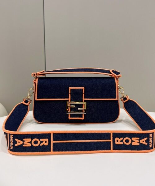 1:1 Replica Fendi Baguette Blue Denim Orange Border Bag For Woman 26cm/10in