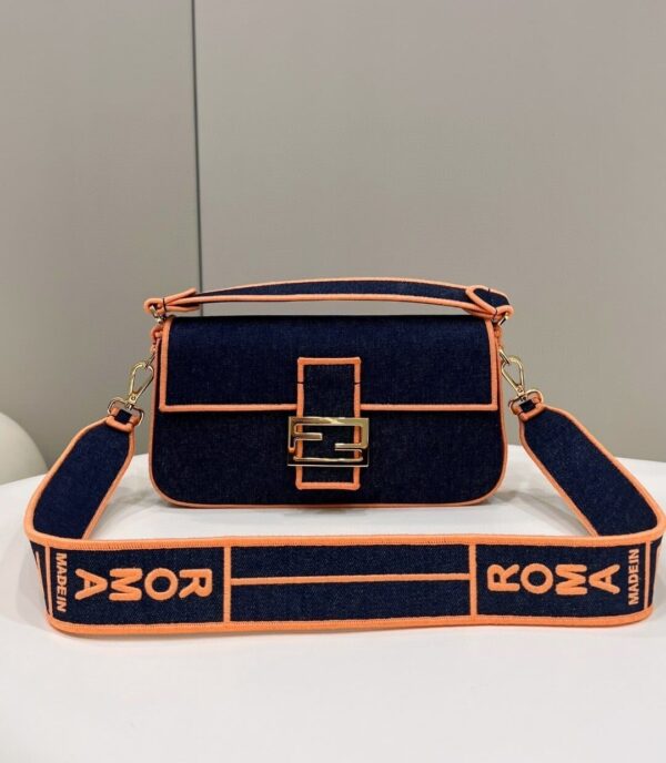 1:1 Replica Fendi Baguette Blue Denim Orange Border Bag For Woman 26cm/10in