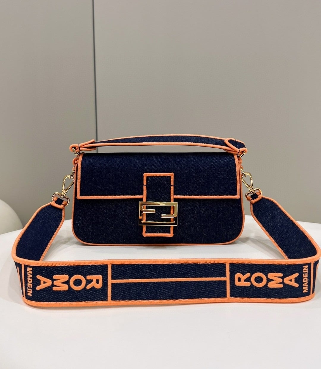 1:1 Replica Fendi Baguette Blue Denim Orange Border Bag For Woman 26cm/10in