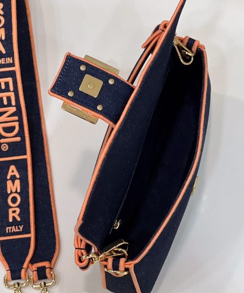 1:1 Replica Fendi Baguette Blue Denim Orange Border Bag For Woman 26cm/10in