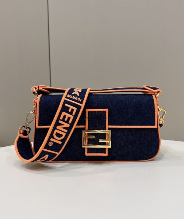 1:1 Replica Fendi Baguette Blue Denim Orange Border Bag For Woman 26cm/10in