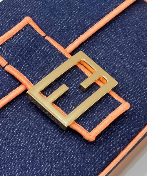 1:1 Replica Fendi Baguette Blue Denim Orange Border Bag For Woman 26cm/10in