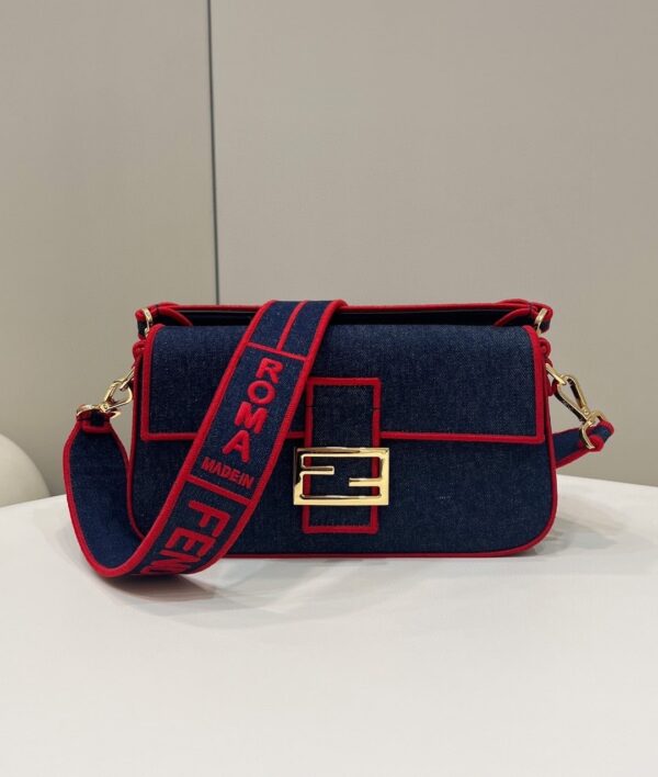1:1 Replica Fendi Baguette Blue Denim Red Border Bag For Woman 26cm/10in