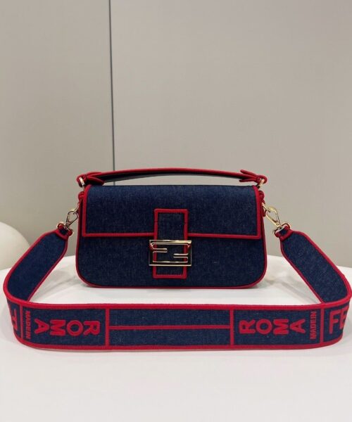 1:1 Replica Fendi Baguette Blue Denim Red Border Bag For Woman 26cm/10in