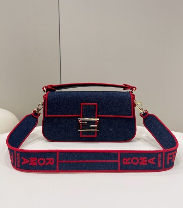 1:1 Replica Fendi Baguette Blue Denim Red Border Bag For Woman 26cm/10in