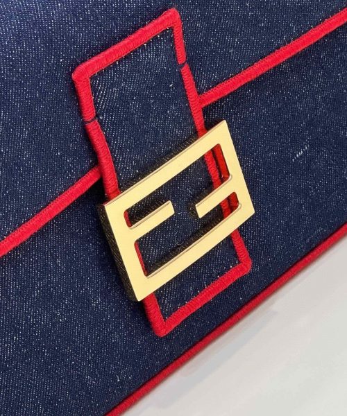 1:1 Replica Fendi Baguette Blue Denim Red Border Bag For Woman 26cm/10in