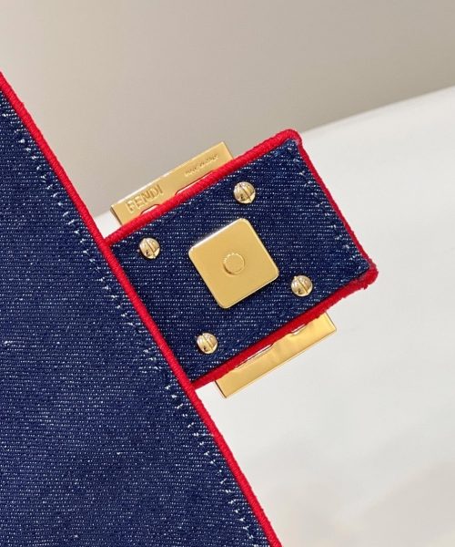 1:1 Replica Fendi Baguette Blue Denim Red Border Bag For Woman 26cm/10in