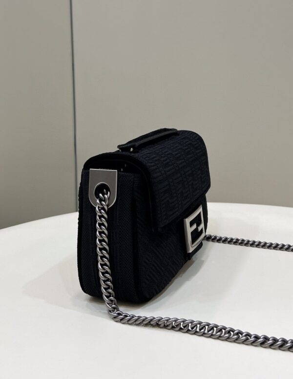 1:1 Replica Fendi Baguette Chain Midi Black FF Fabric Bag For Woman 14.5cm/6in