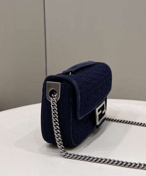 1:1 Replica Fendi Baguette Chain Midi Navy Blue FF Fabric Bag For Woman 14.5cm/6in
