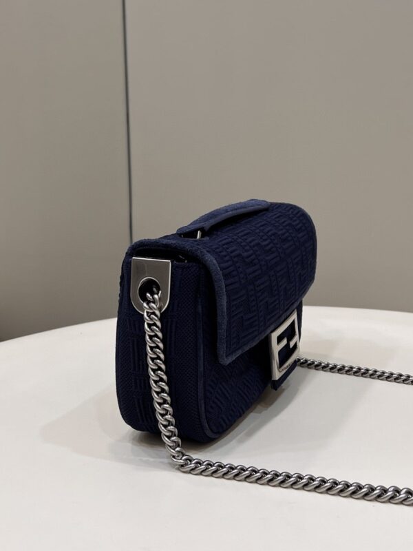 1:1 Replica Fendi Baguette Chain Midi Navy Blue FF Fabric Bag For Woman 14.5cm/6in
