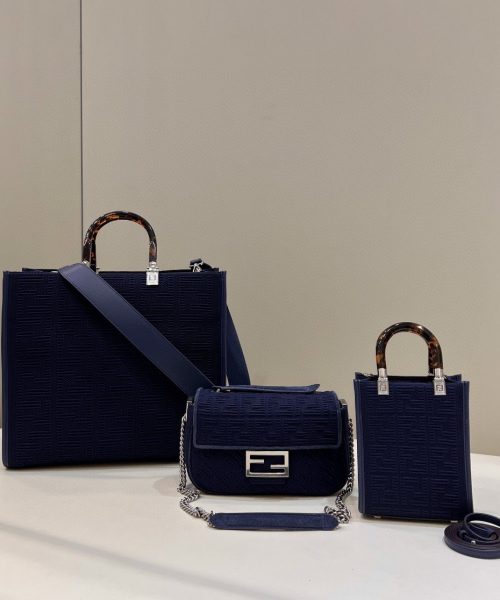 1:1 Replica Fendi Baguette Chain Midi Navy Blue FF Fabric Bag For Woman 14.5cm/6in