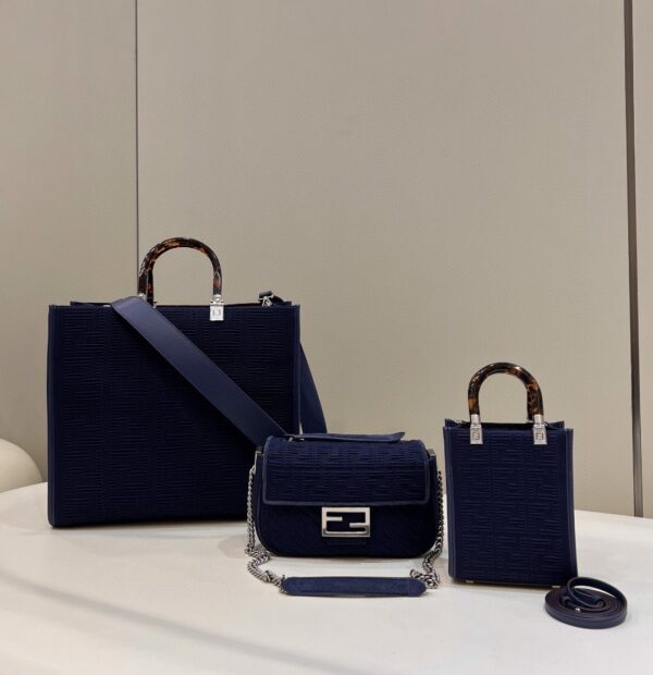 1:1 Replica Fendi Baguette Chain Midi Navy Blue FF Fabric Bag For Woman 14.5cm/6in
