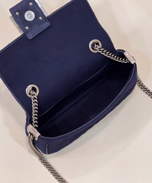 1:1 Replica Fendi Baguette Chain Midi Navy Blue FF Fabric Bag For Woman 14.5cm/6in