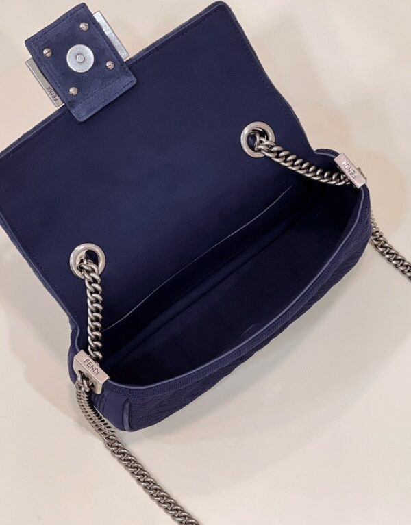 1:1 Replica Fendi Baguette Chain Midi Navy Blue FF Fabric Bag For Woman 14.5cm/6in