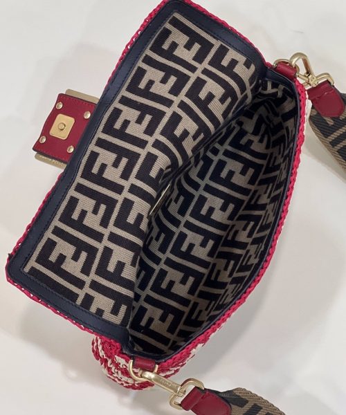 1:1 Replica Fendi Baguette Red raffia back with crocheted FF Bag For Woman 15cm/6in