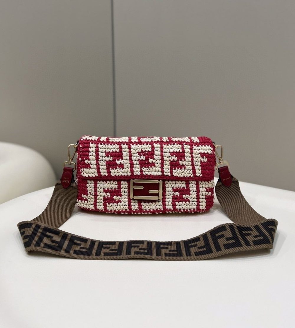 1:1 Replica Fendi Baguette Red raffia back with crocheted FF Bag For Woman 15cm/6in