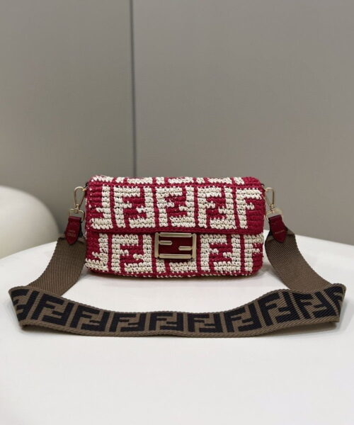 1:1 Replica Fendi Baguette Red raffia back with crocheted FF Bag For Woman 15cm/6in
