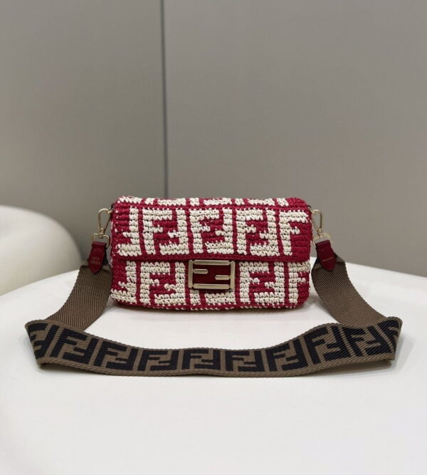 1:1 Replica Fendi Baguette Red raffia back with crocheted FF Bag For Woman 15cm/6in