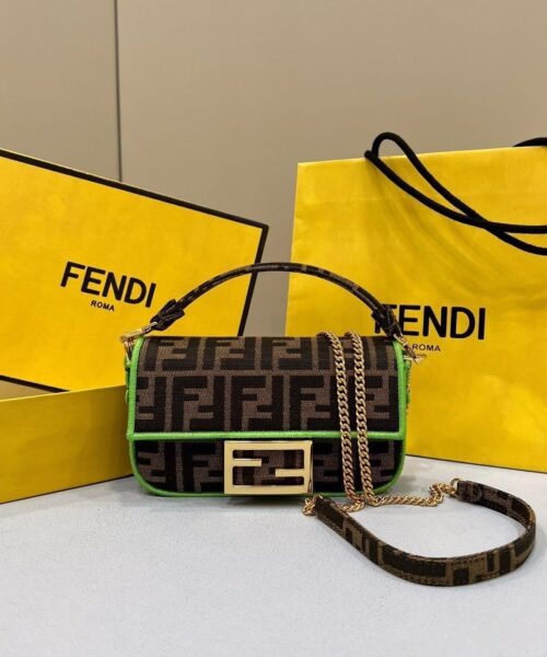 1:1 Replica Fendi Baguette Small Brown Fabric Green Border Bag For Woman 18cm/7in
