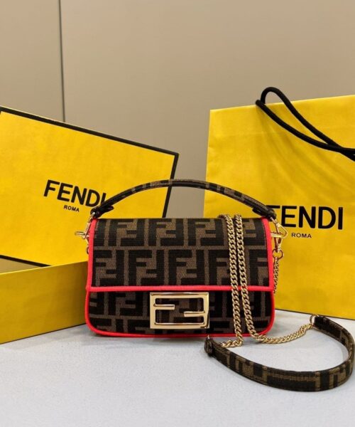1:1 Replica Fendi Baguette Small Brown Fabric Orange Border Bag For Woman 18cm/7in