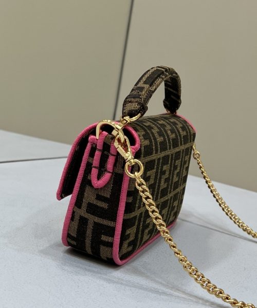 1:1 Replica Fendi Baguette Small Brown Fabric Pink Border Bag For Woman 18cm/7in