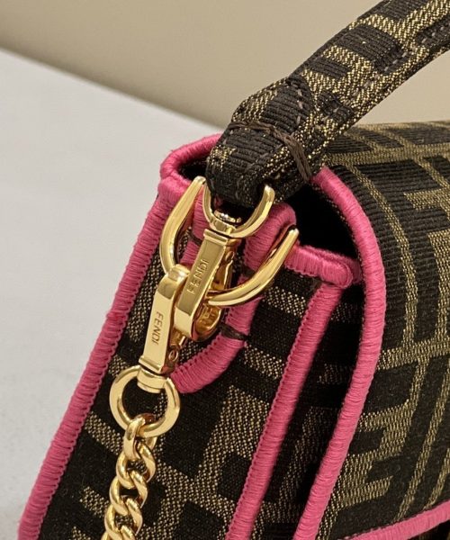 1:1 Replica Fendi Baguette Small Brown Fabric Pink Border Bag For Woman 18cm/7in
