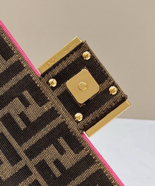 1:1 Replica Fendi Baguette Small Brown Fabric Pink Border Bag For Woman 18cm/7in