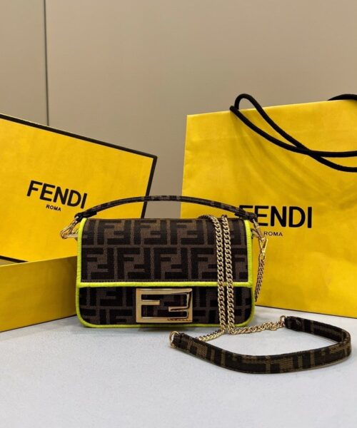 1:1 Replica Fendi Baguette Small Brown Fabric Yellow Border Bag For Woman 18cm/7in