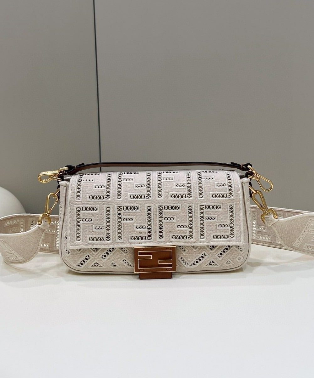 1:1 Replica Fendi Baguette White with Embroidery Medium Bag For Woman 28cm/11in