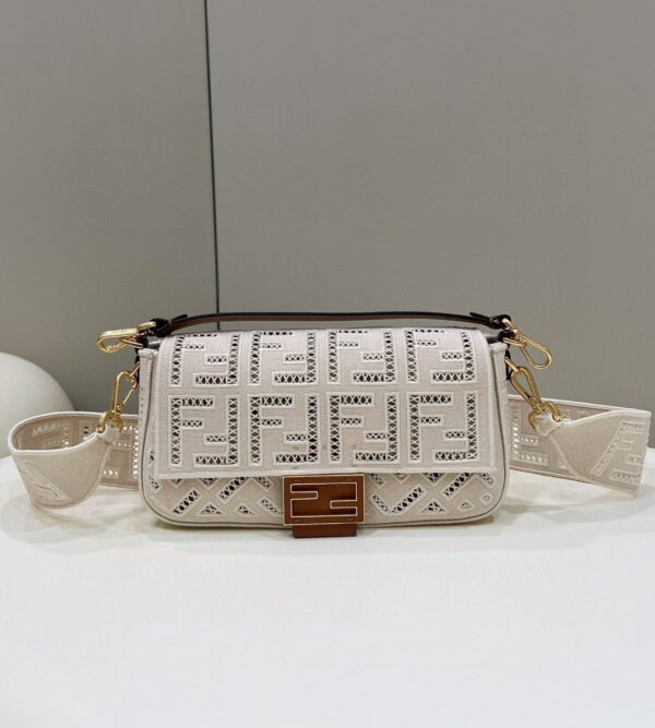 1:1 Replica Fendi Baguette White with Embroidery Medium Bag For Woman 28cm/11in