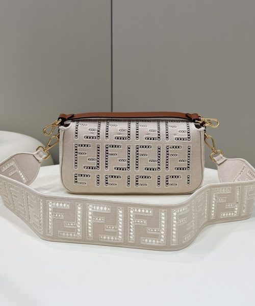 1:1 Replica Fendi Baguette White with Embroidery Medium Bag For Woman 28cm/11in