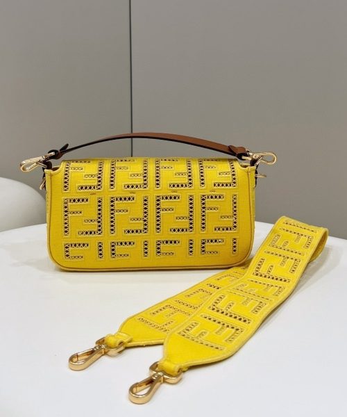 1:1 Replica Fendi Baguette Yellow with Embroidery Medium Bag For Woman 28cm/11in