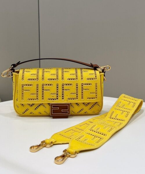 1:1 Replica Fendi Baguette Yellow with Embroidery Medium Bag For Woman 28cm/11in