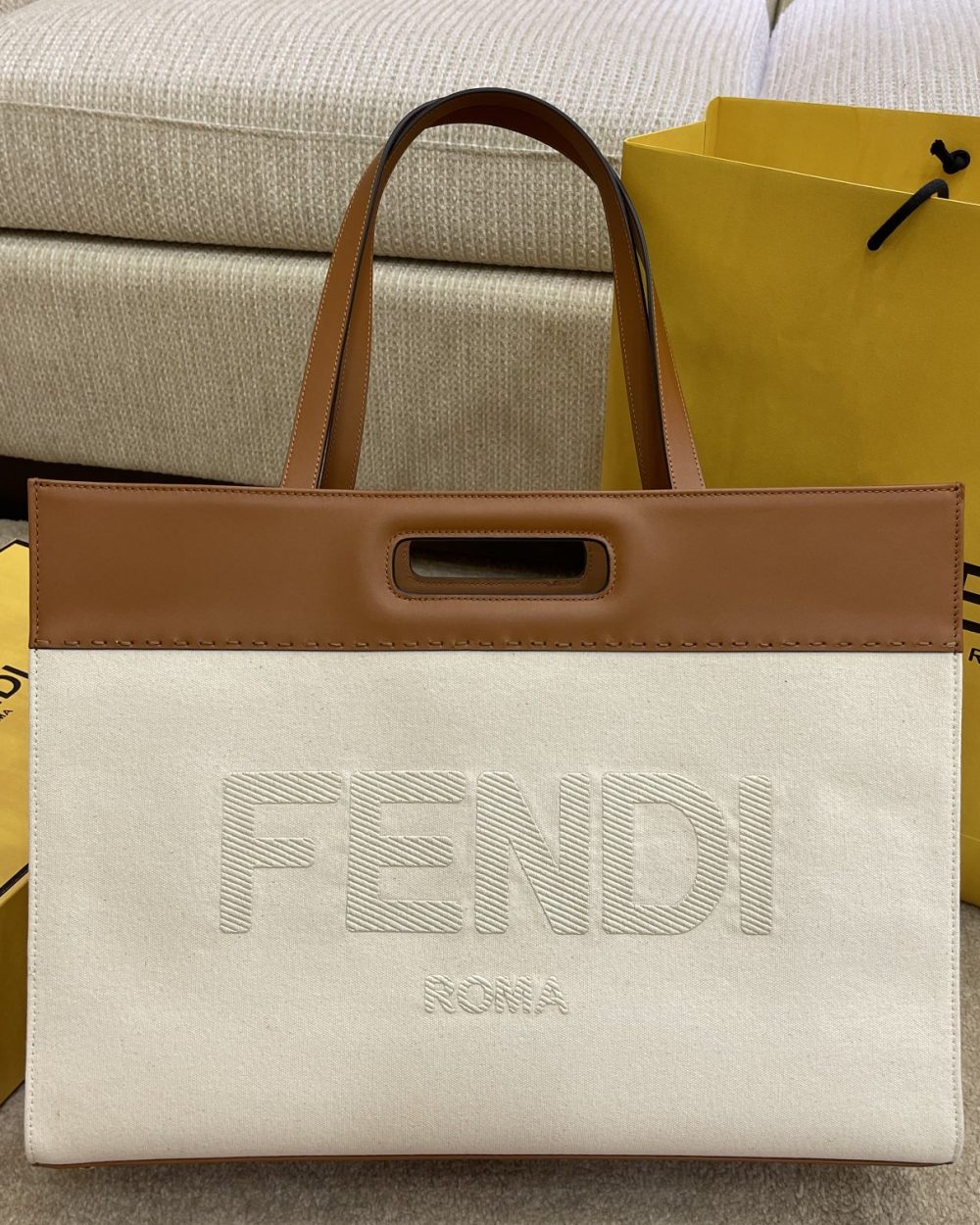 1:1 Replica Fendi Canvas Tote Bag Beige/Brown For Women, Women's Handbags 18.1in/46cm FF 7VA480