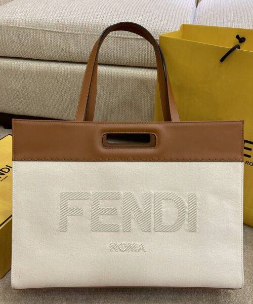 1:1 Replica Fendi Canvas Tote Bag Beige/Brown For Women, Women's Handbags 18.1in/46cm FF 7VA480