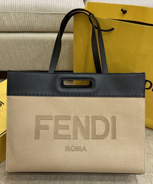 1:1 Replica Fendi Canvas Tote Bag Cream/Black For Women, Women's Handbags 18.1in/46cm FF 7VA480