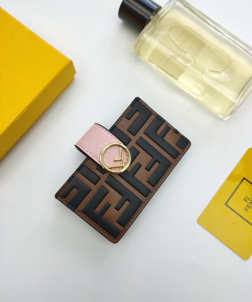 1:1 Replica Fendi Card Holder Brown With Pink Gusseted Card Holder For Women 4in/10cm FF
