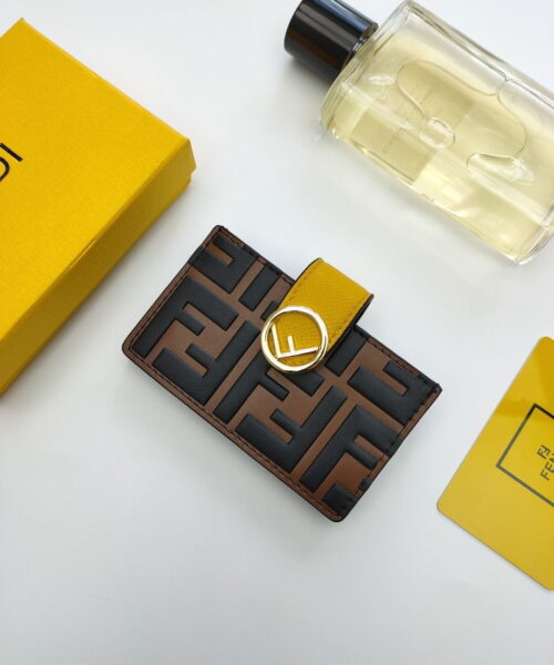 Fendi Card Holder Brown With Yellow Gusseted Card Holder For Women 4in/10cm FF 8M0301A6CBF19DA